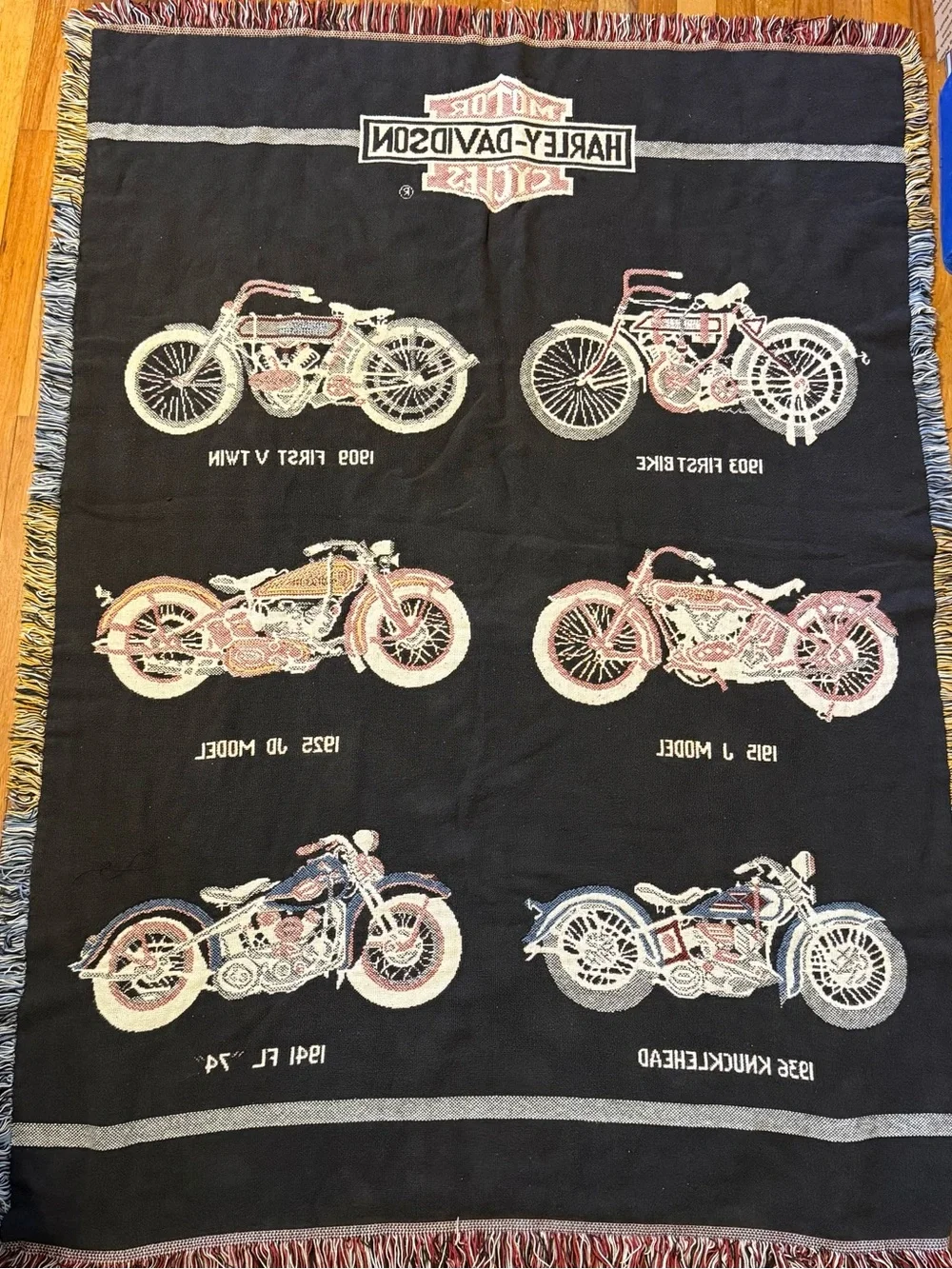 Vintage Harley Davidson Motorcycle FringeTapestry Throw Blanket 100% Cotton 46x6